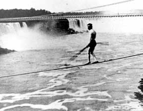 Stephen Peer walking tight rope over Niagara Falls, 1887